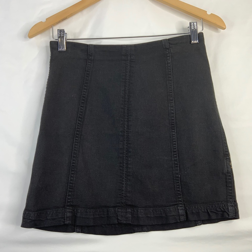 Free People Washed Black Denim Mini Skirt High Waisted A-Line Paneled Size 2
